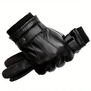 2-Pack of Warm & Touchscreen Men's Faux Leather Gloves for Winter Outdoor Driving & Cycling, Washable Non-Woven Material with Button Closure, Ideal Gift