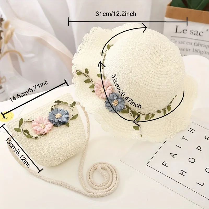 2-Piece Girls' Sun Hat and Bag Set - Floral Lace Accents, UV-Safe Straw Design - Perfect for Beach & Outdoor Spring/Summer Activities