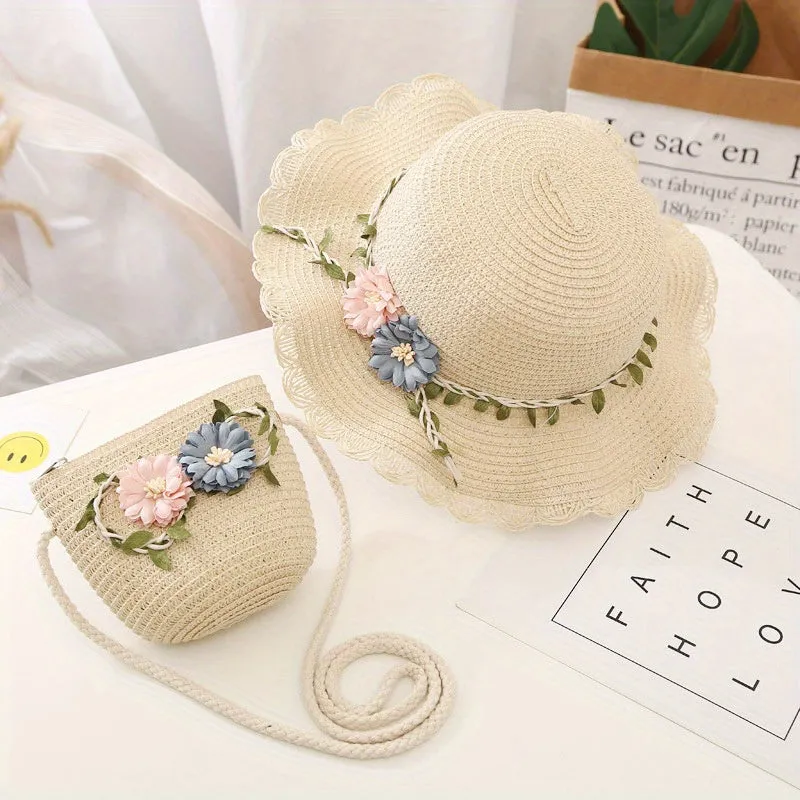 2-Piece Girls' Sun Hat and Bag Set - Floral Lace Accents, UV-Safe Straw Design - Perfect for Beach & Outdoor Spring/Summer Activities