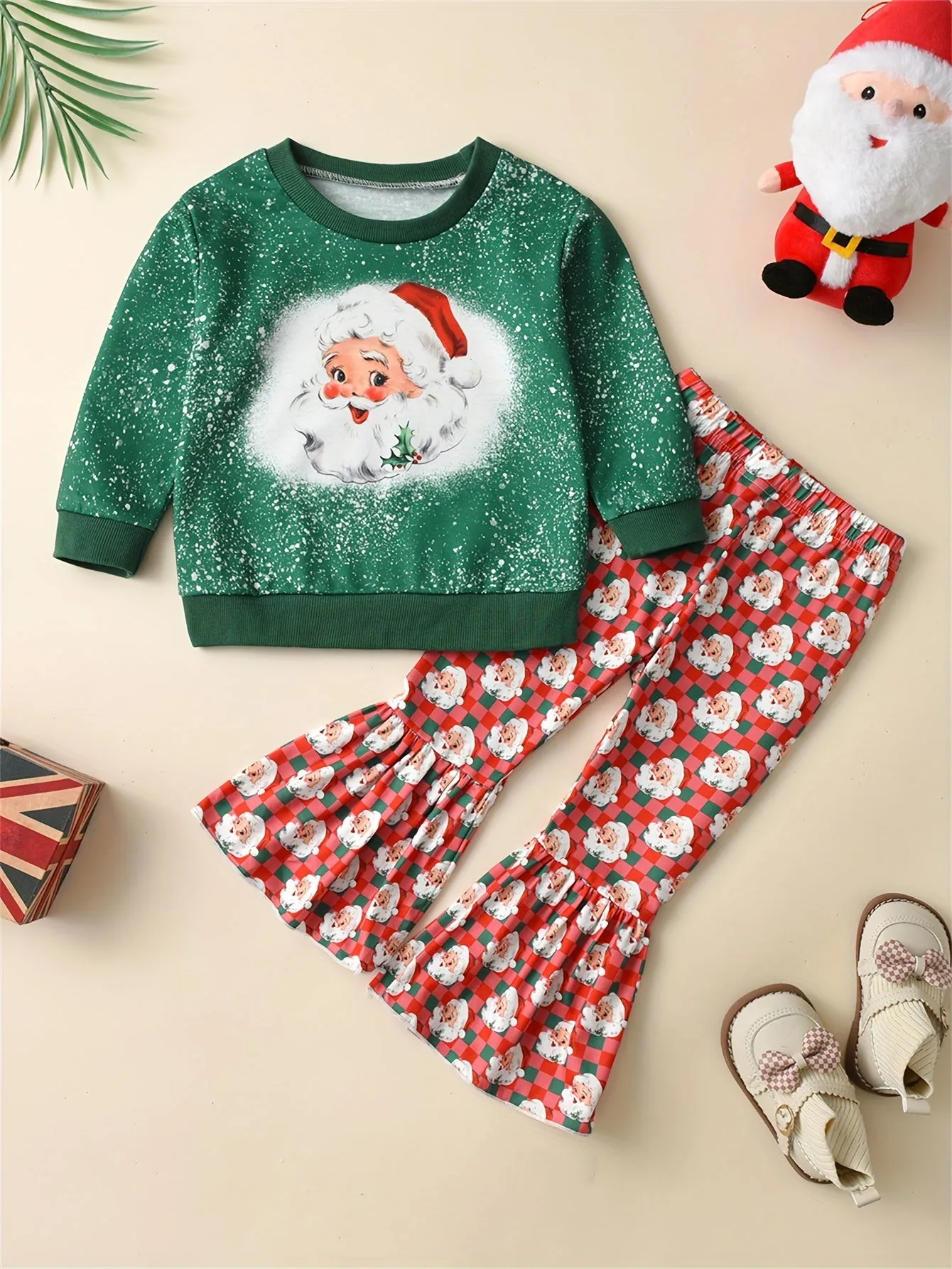 2pcs Toddler Kid's Santa Clause Pattern Outfit Set, Long Sleeve Sweatshirt & Flared Pants, Casual Clothes for Outdoor Spring Fall Winter Christmas