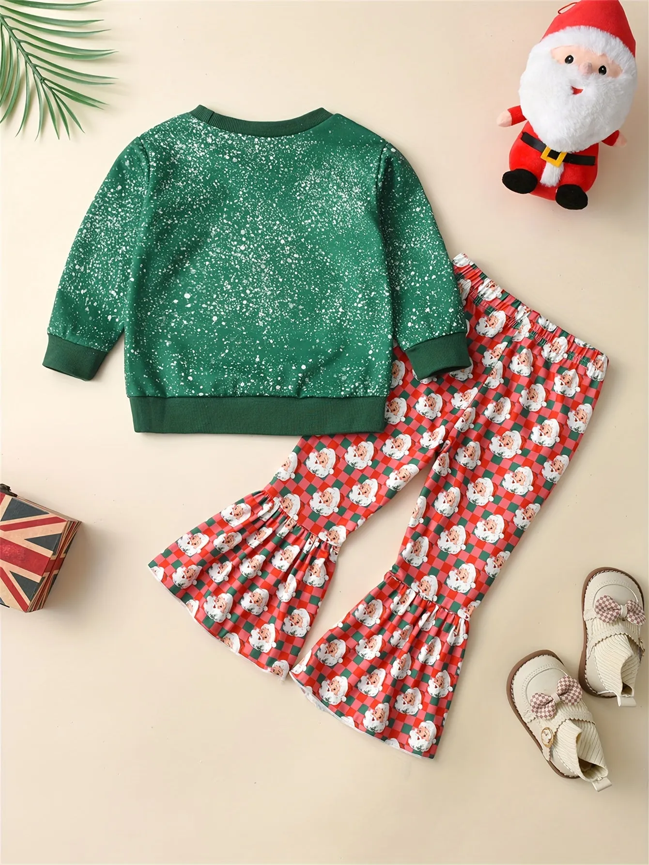 2pcs Toddler Kid's Santa Clause Pattern Outfit Set, Long Sleeve Sweatshirt & Flared Pants, Casual Clothes for Outdoor Spring Fall Winter Christmas