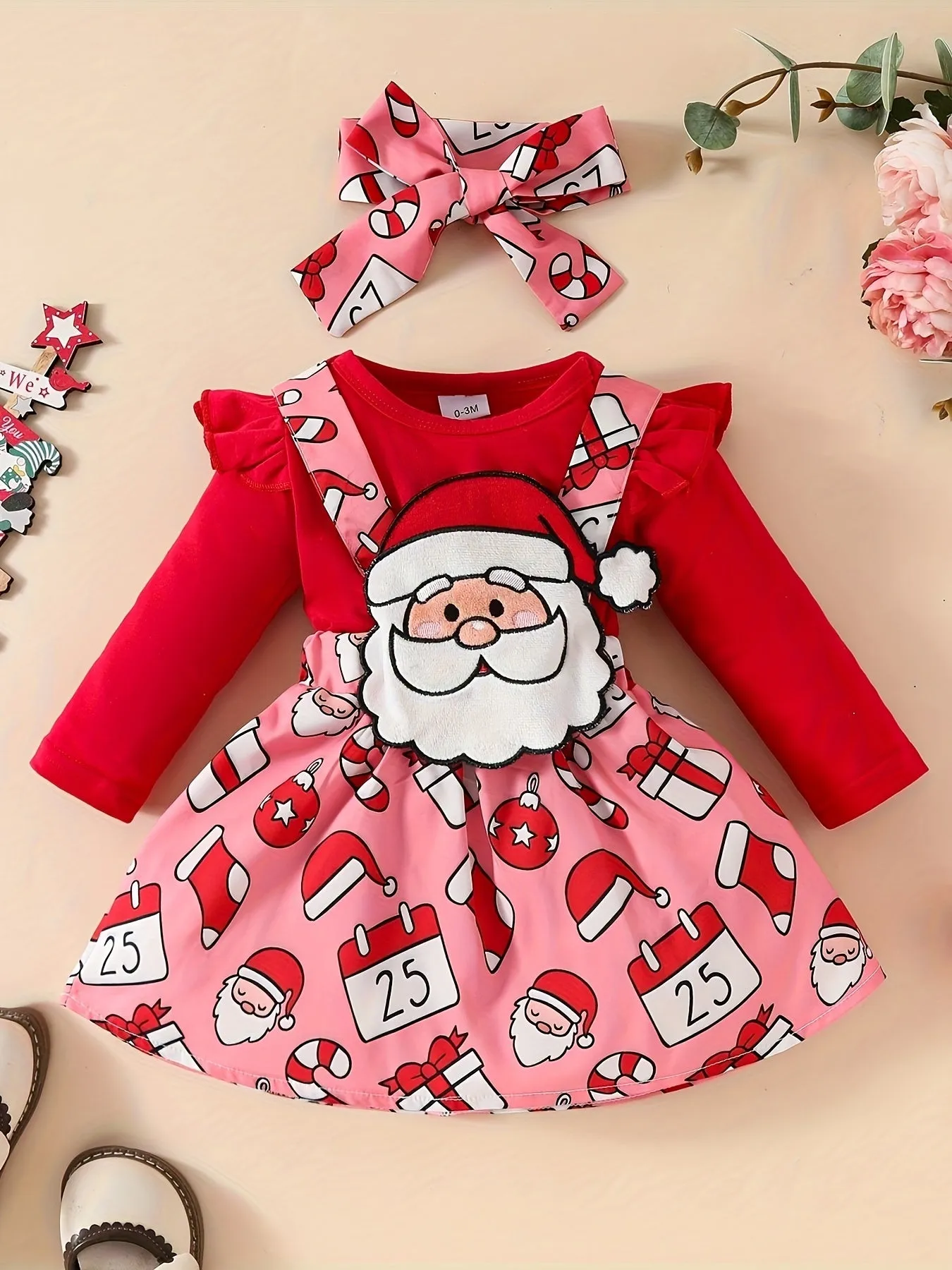 3-Piece Christmas Outfit Set For Baby Girls, 0-1 Year Old, Long Sleeve Romper With Hood, Bib, And Sash, Soft Fabric, Adorable Holiday Dressing, Outdoor Cloth