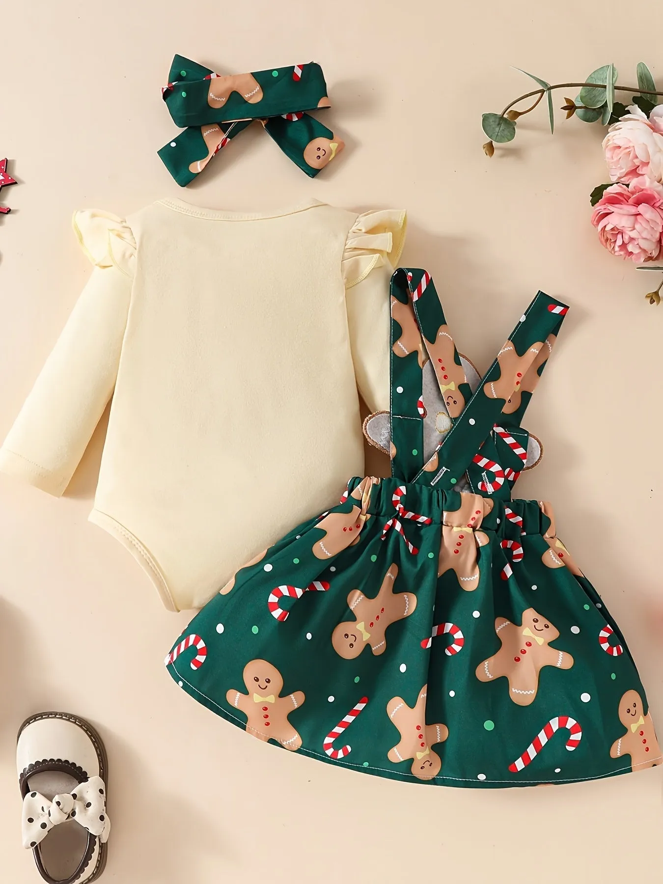 3-Piece Christmas Outfit Set For Baby Girls, 0-1 Year Old, Long Sleeve Romper With Hood, Bib, And Sash, Soft Fabric, Adorable Holiday Dressing, Outdoor Cloth