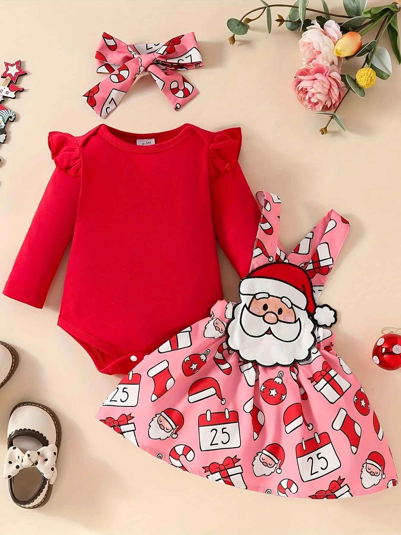 3-Piece Christmas Outfit Set For Baby Girls, 0-1 Year Old, Long Sleeve Romper With Hood, Bib, And Sash, Soft Fabric, Adorable Holiday Dressing, Outdoor Cloth