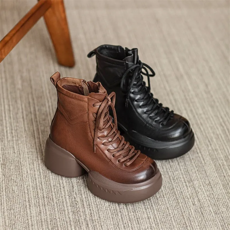 65mm Platform Boots Lace up Leather Martin Boots Handmade Combat Boots in Coffee/Black