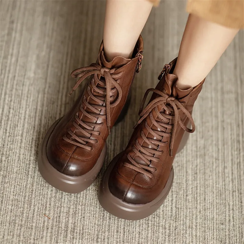 65mm Platform Boots Lace up Leather Martin Boots Handmade Combat Boots in Coffee/Black