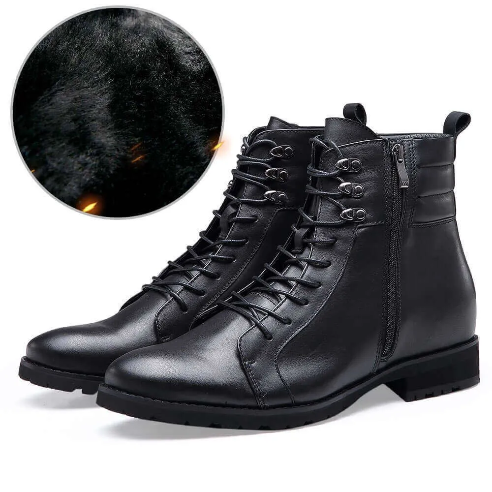 8CM / 3.15Inches  -CMR CHAMARIPA tall men boots black leather motorcycle boot Fur Lined Warm Winter Boots