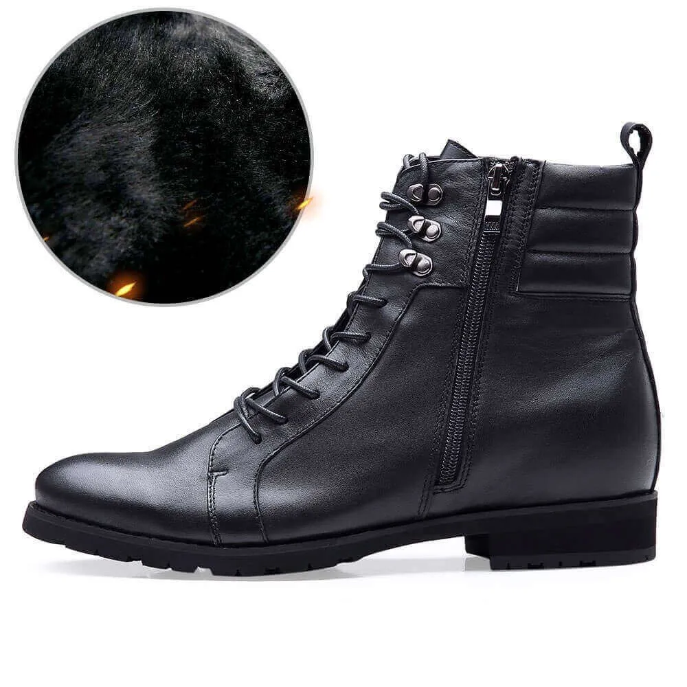 8CM / 3.15Inches  -CMR CHAMARIPA tall men boots black leather motorcycle boot Fur Lined Warm Winter Boots