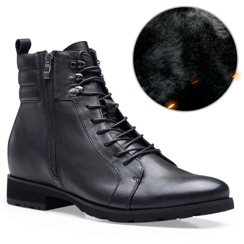 8CM / 3.15Inches  -CMR CHAMARIPA tall men boots black leather motorcycle boot Fur Lined Warm Winter Boots