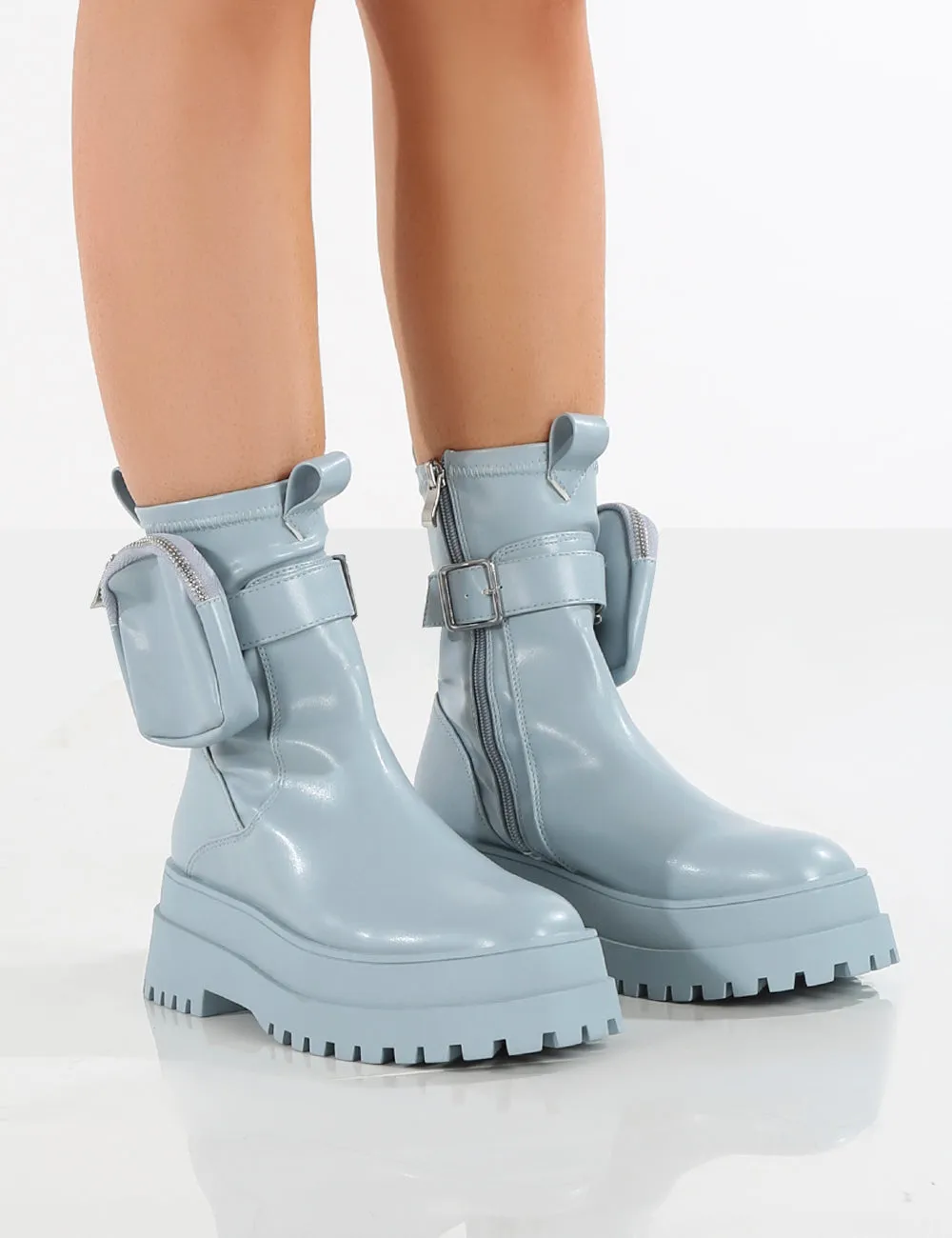 Amber x Public Desire Thought PU Blue Pocket Chunky Sole Ankle Boot