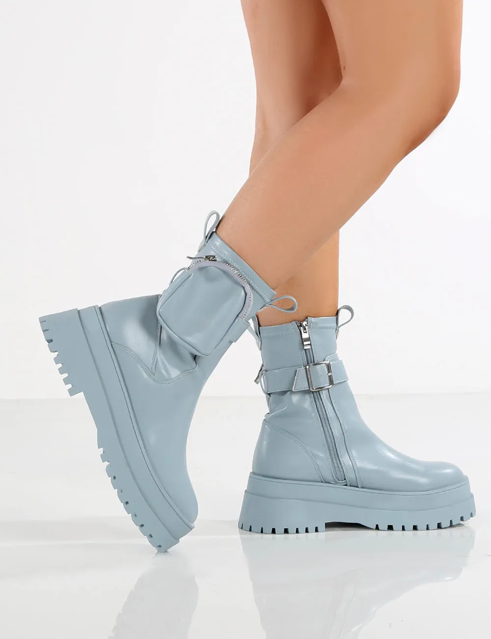 Amber x Public Desire Thought PU Blue Pocket Chunky Sole Ankle Boot