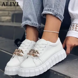 Amozae  Fashion White Sneakers Women 2022 Spring New Ladies Comfy Lace Up Casual Shoes With Chain 36-43 Large-Sized Female Sport Flats