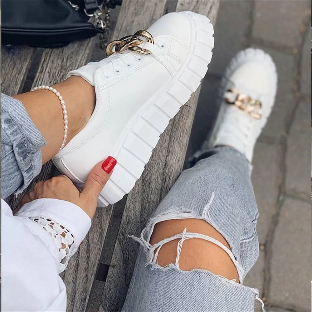 Amozae  Fashion White Sneakers Women 2022 Spring New Ladies Comfy Lace Up Casual Shoes With Chain 36-43 Large-Sized Female Sport Flats