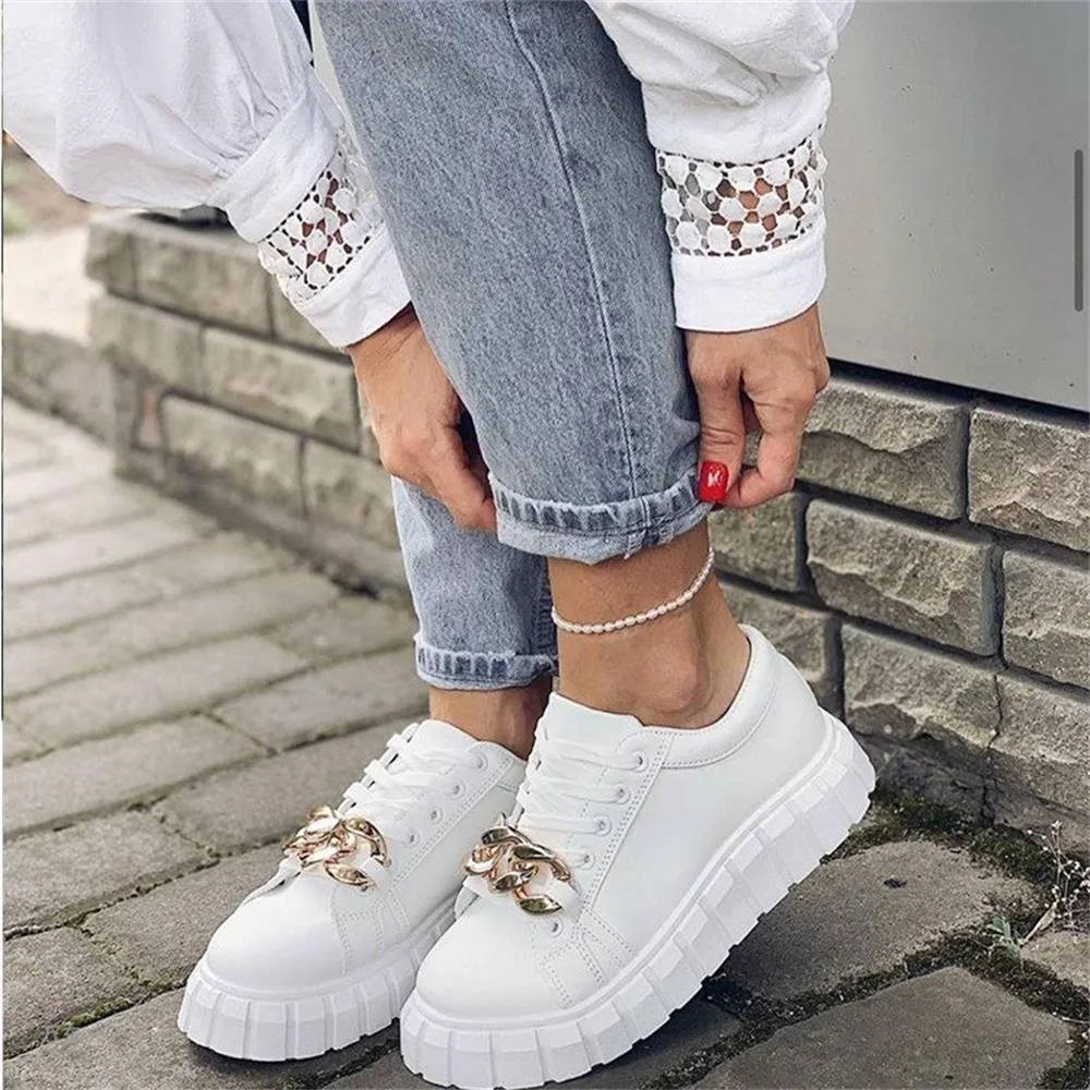 Amozae  Fashion White Sneakers Women 2022 Spring New Ladies Comfy Lace Up Casual Shoes With Chain 36-43 Large-Sized Female Sport Flats