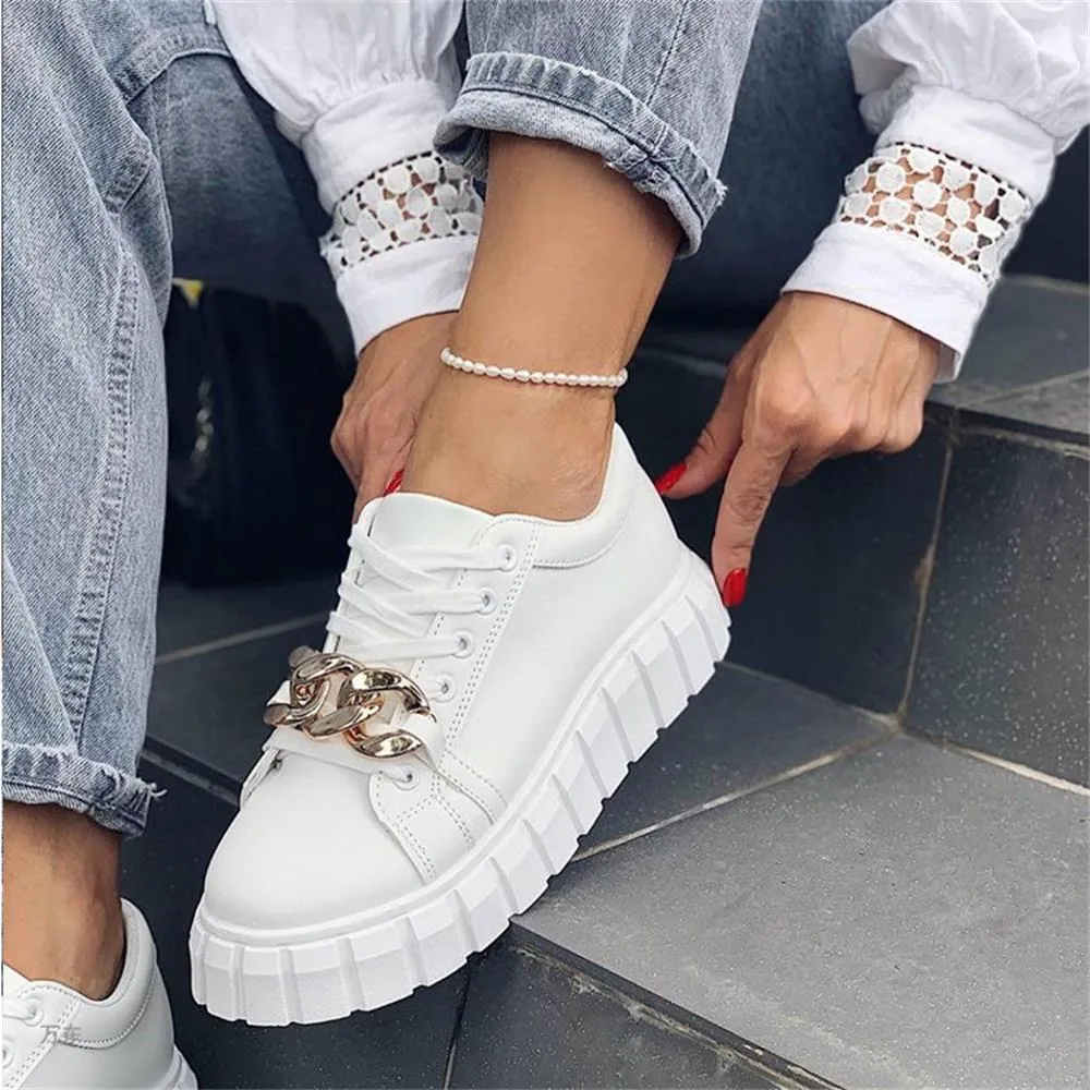 Amozae  Fashion White Sneakers Women 2022 Spring New Ladies Comfy Lace Up Casual Shoes With Chain 36-43 Large-Sized Female Sport Flats