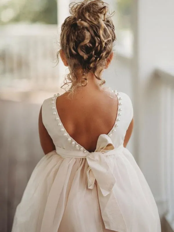 Ankle-Length Flower Girl Dresses Princess Formal Kids Dresses with Pearls