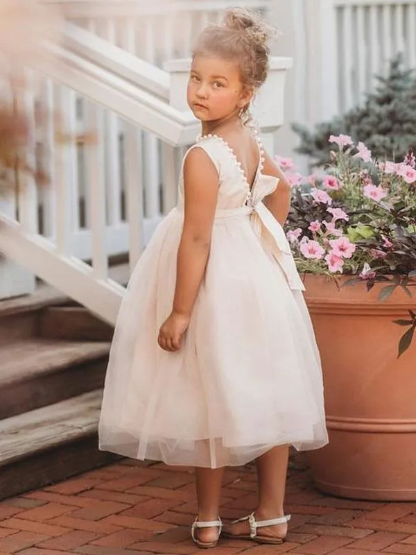 Ankle-Length Flower Girl Dresses Princess Formal Kids Dresses with Pearls