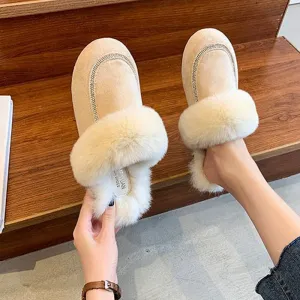 Autumn Winter Ladies Plush Slippers Female Fluffy Rabbit Fur Slippers Indoor Outdoor warm Cotton Slippers Women Flat Mules Shoes