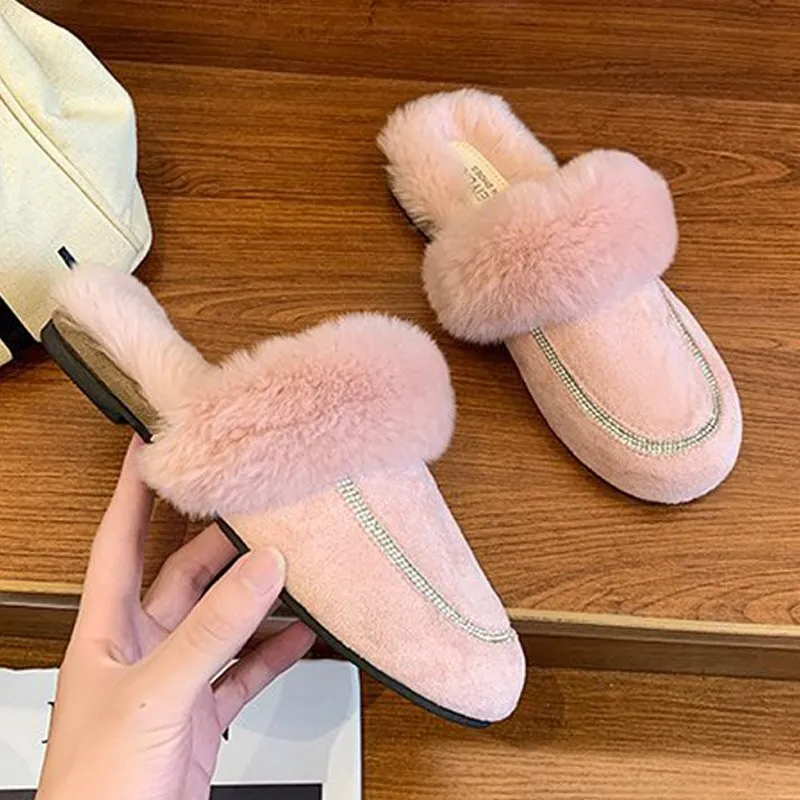 Autumn Winter Ladies Plush Slippers Female Fluffy Rabbit Fur Slippers Indoor Outdoor warm Cotton Slippers Women Flat Mules Shoes