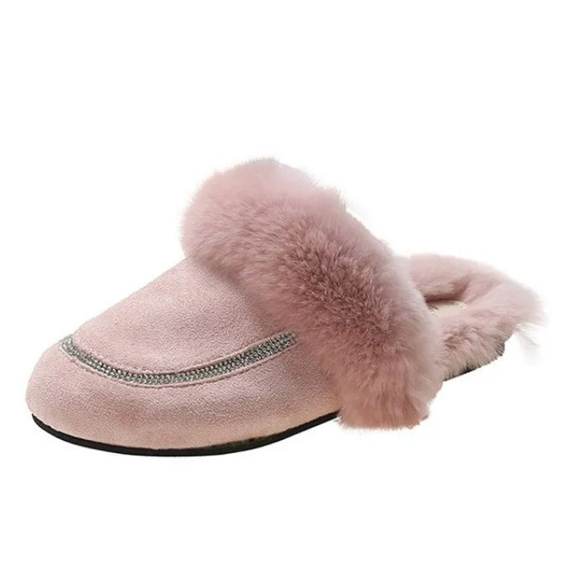 Autumn Winter Ladies Plush Slippers Female Fluffy Rabbit Fur Slippers Indoor Outdoor warm Cotton Slippers Women Flat Mules Shoes