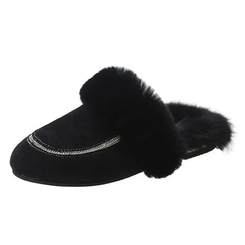 Autumn Winter Ladies Plush Slippers Female Fluffy Rabbit Fur Slippers Indoor Outdoor warm Cotton Slippers Women Flat Mules Shoes