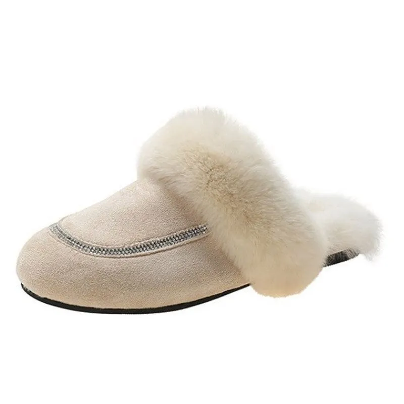 Autumn Winter Ladies Plush Slippers Female Fluffy Rabbit Fur Slippers Indoor Outdoor warm Cotton Slippers Women Flat Mules Shoes