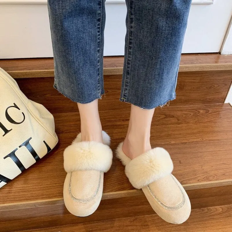 Autumn Winter Ladies Plush Slippers Female Fluffy Rabbit Fur Slippers Indoor Outdoor warm Cotton Slippers Women Flat Mules Shoes