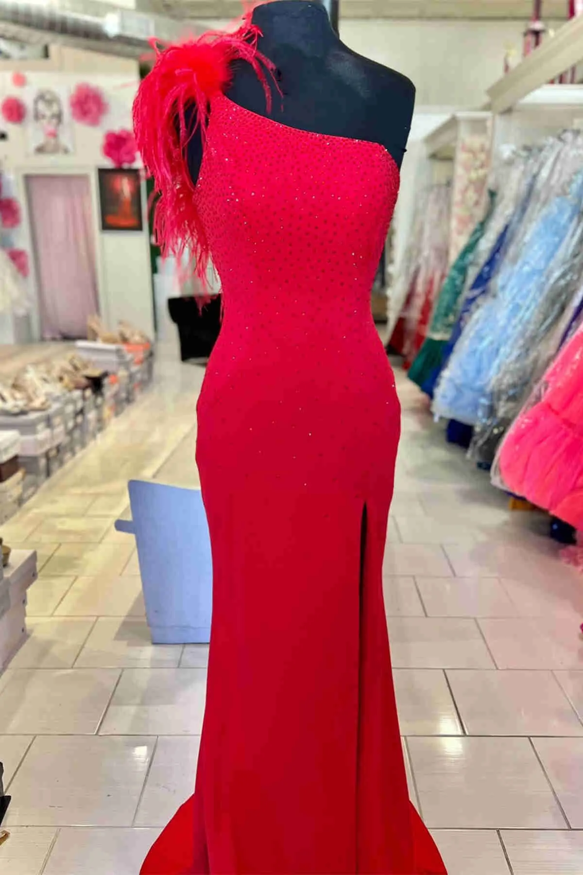 Beaded One-Shoulder Hot Pink Leg Slit Long Formal Dress with Feathers