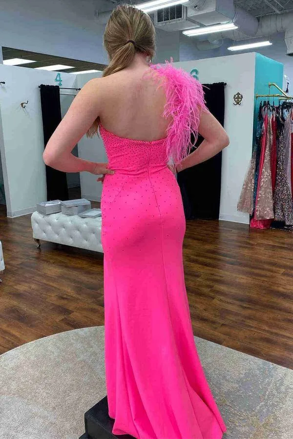 Beaded One-Shoulder Hot Pink Leg Slit Long Formal Dress with Feathers