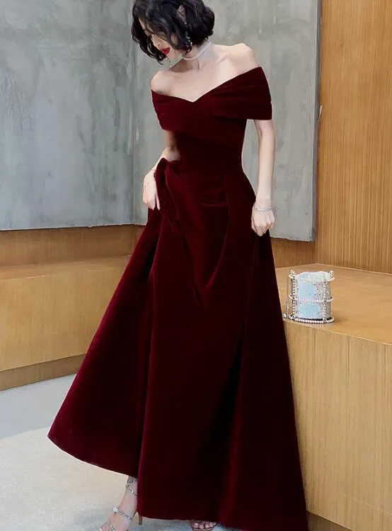 Beautiful Dark Red Velvet Off Shoulder Bridesmaid Dress, A-line Long Prom Dresses