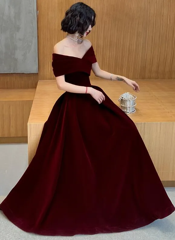 Beautiful Dark Red Velvet Off Shoulder Bridesmaid Dress, A-line Long Prom Dresses