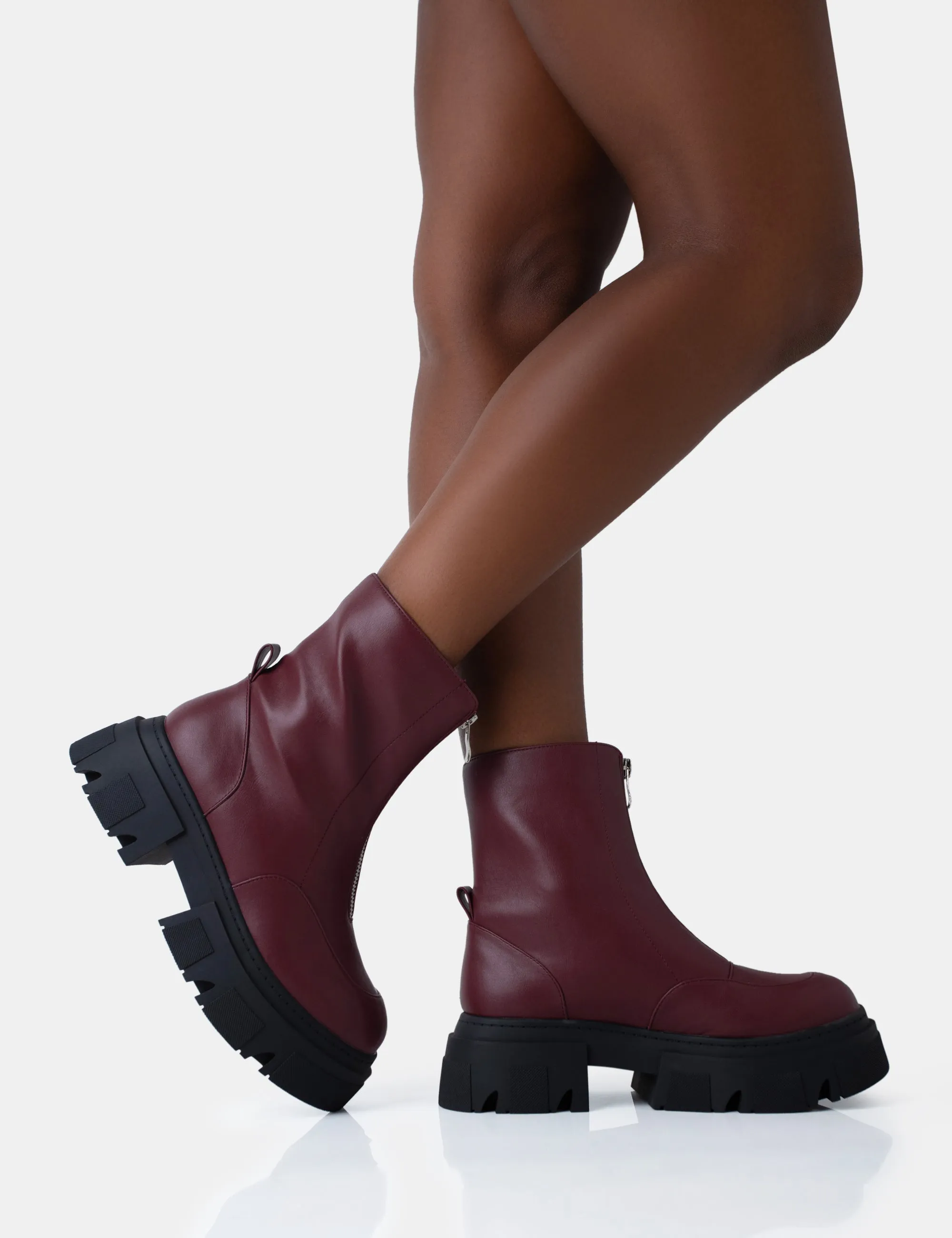 Bergen Burgundy Pu Zip Up Detailed Rounded Chunky Soled Ankle Boots