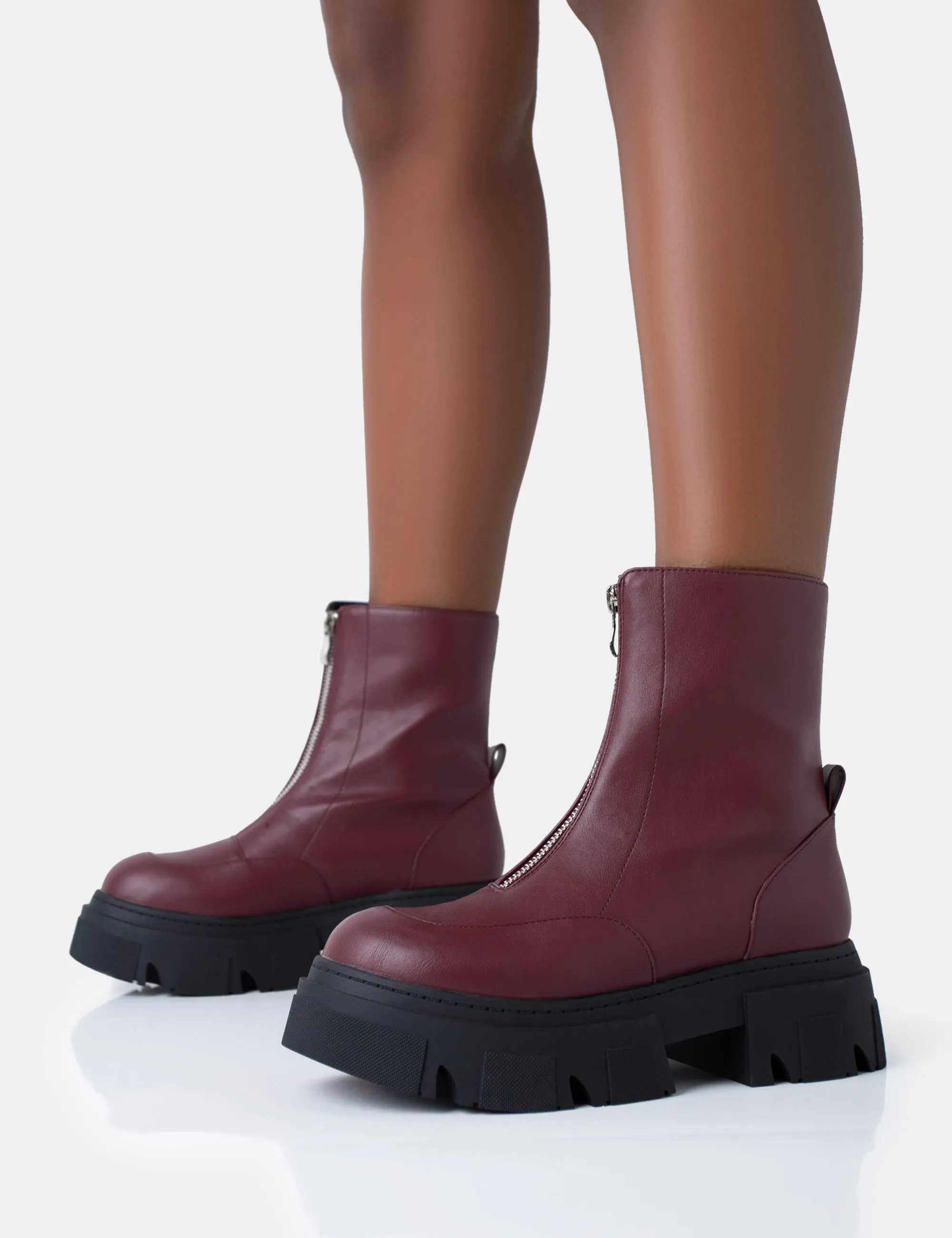 Bergen Burgundy Pu Zip Up Detailed Rounded Chunky Soled Ankle Boots