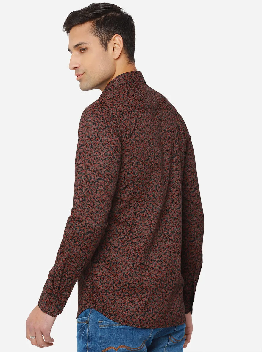 Black & Maroon Printed Slim Fit Semi Casual Shirt | JadeBlue