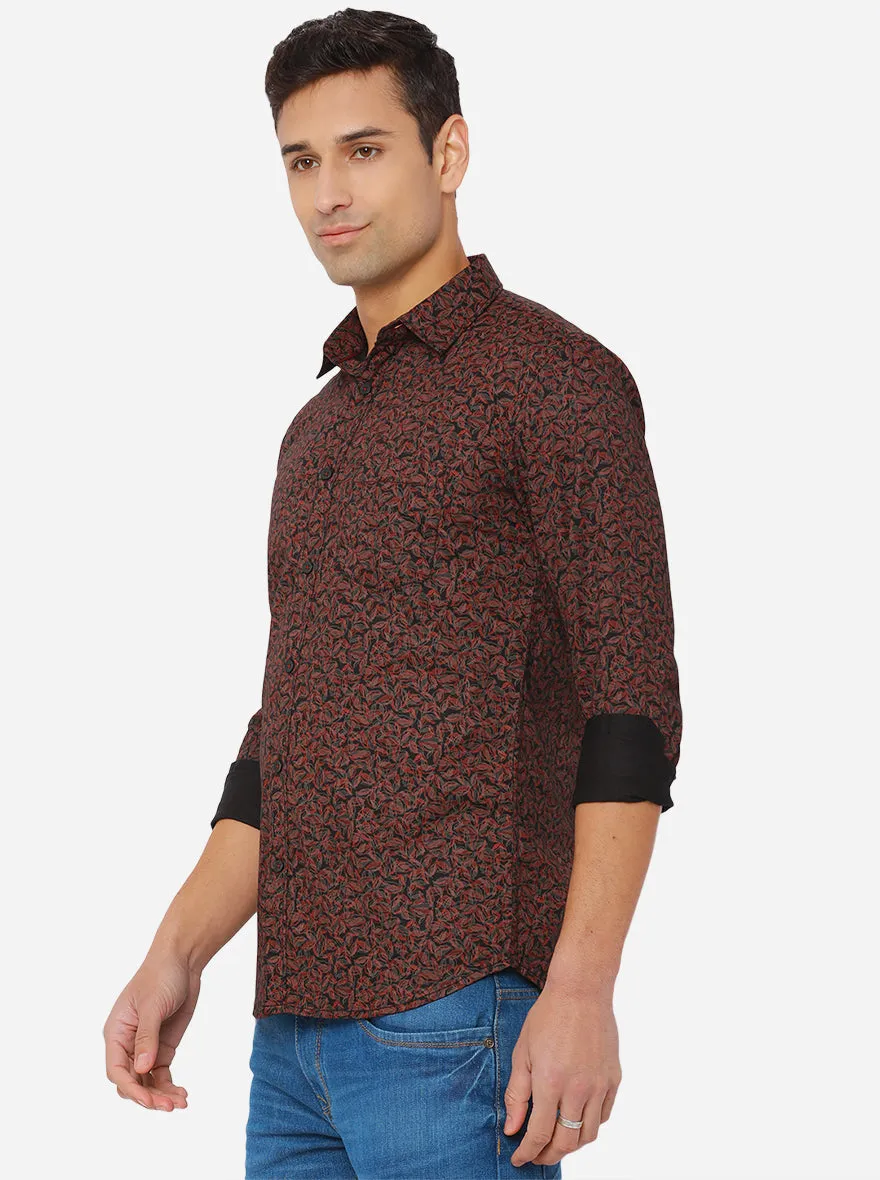 Black & Maroon Printed Slim Fit Semi Casual Shirt | JadeBlue