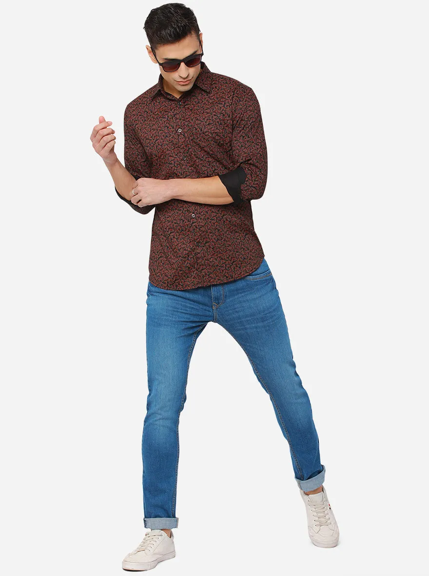 Black & Maroon Printed Slim Fit Semi Casual Shirt | JadeBlue