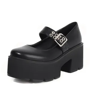 Black Heels Shoes For Women Patent Leather Mary Jane Lolita Shoes Buckle Strap Thick Sole