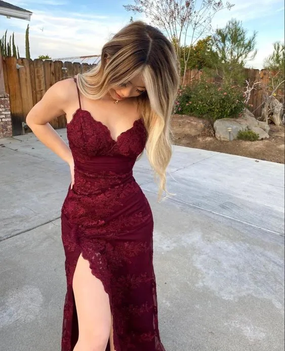 Burgundy Long Mermaid Prom Dresses,Leg Split Formal Evening Dress