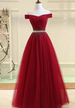 Burgundy Tulle Long A-Line Prom Dresses,Off the Shoulder Formal Evening Dresses