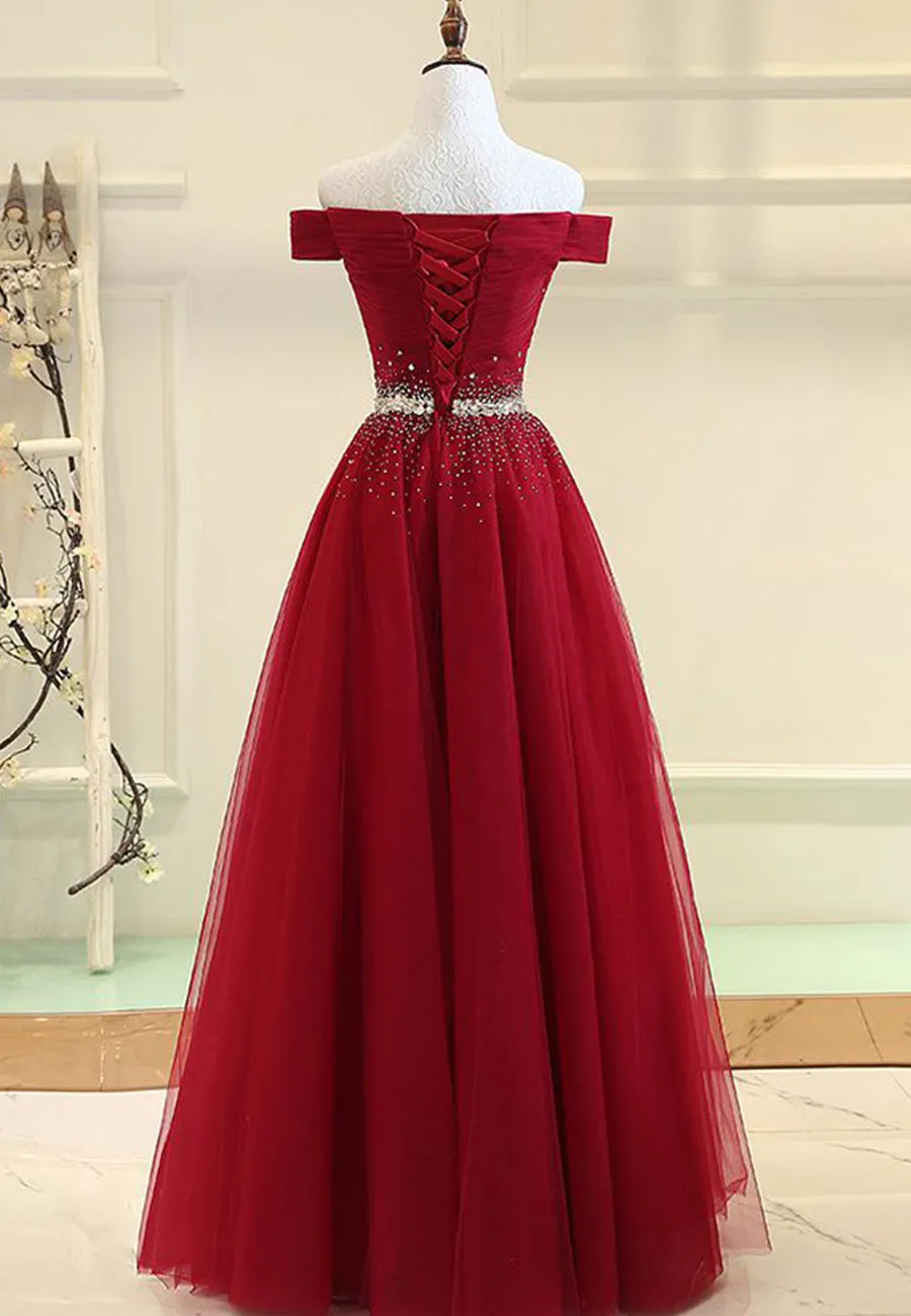 Burgundy Tulle Long A-Line Prom Dresses,Off the Shoulder Formal Evening Dresses