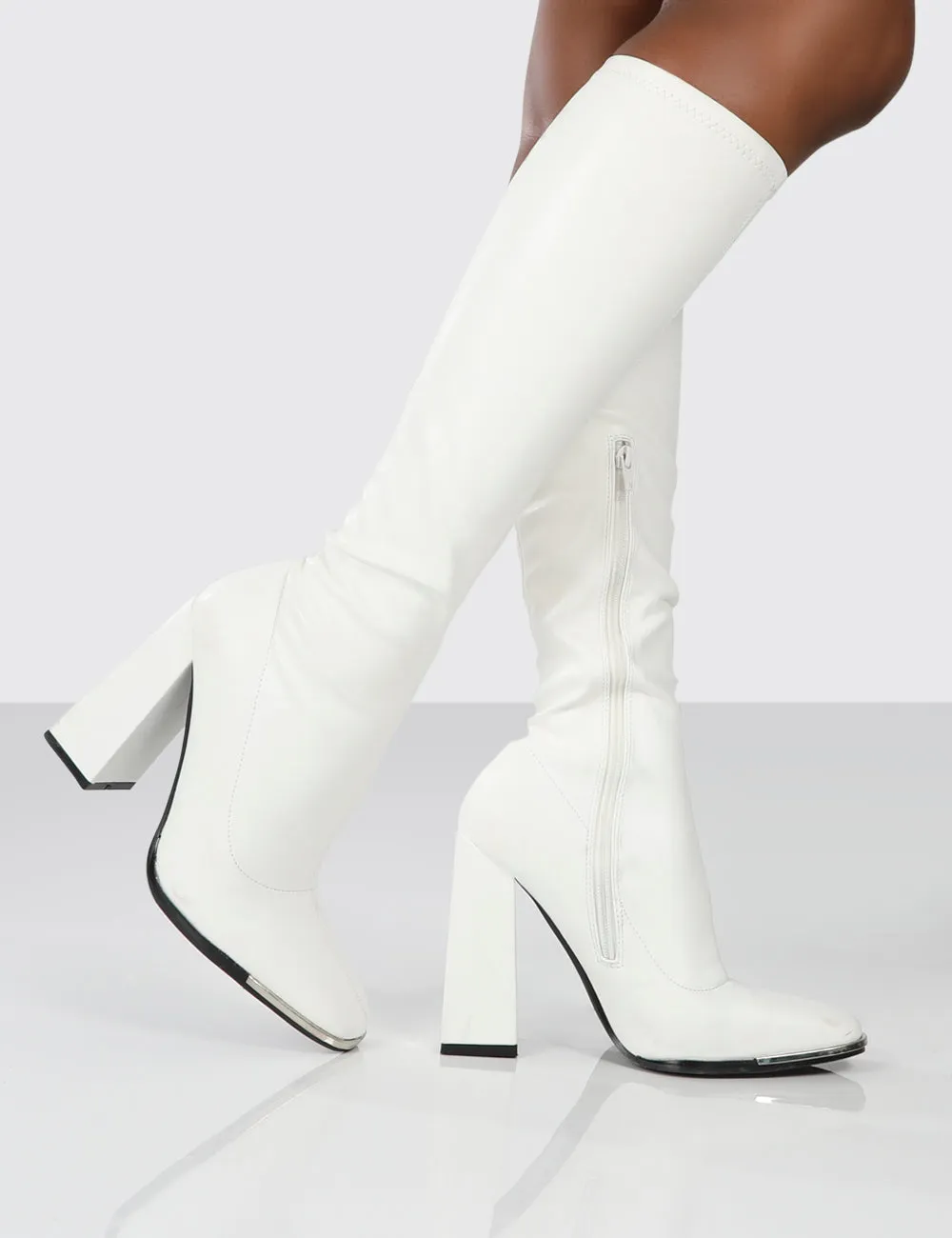 Caryn White PU Block Heeled Knee High Boots