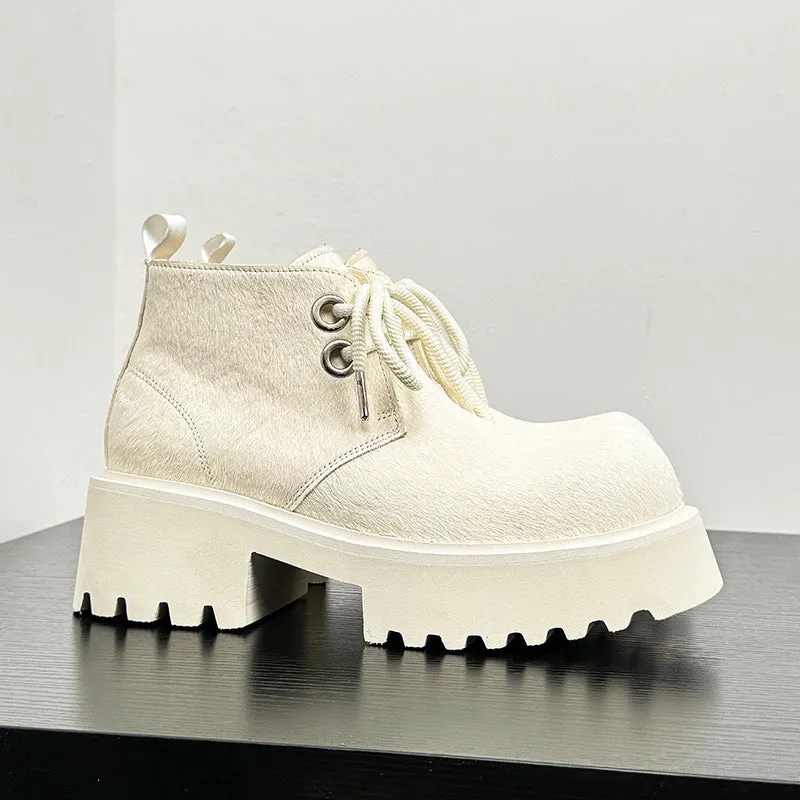 ChicHorse Hair Lace-up Platform Big Head Ankle Boots