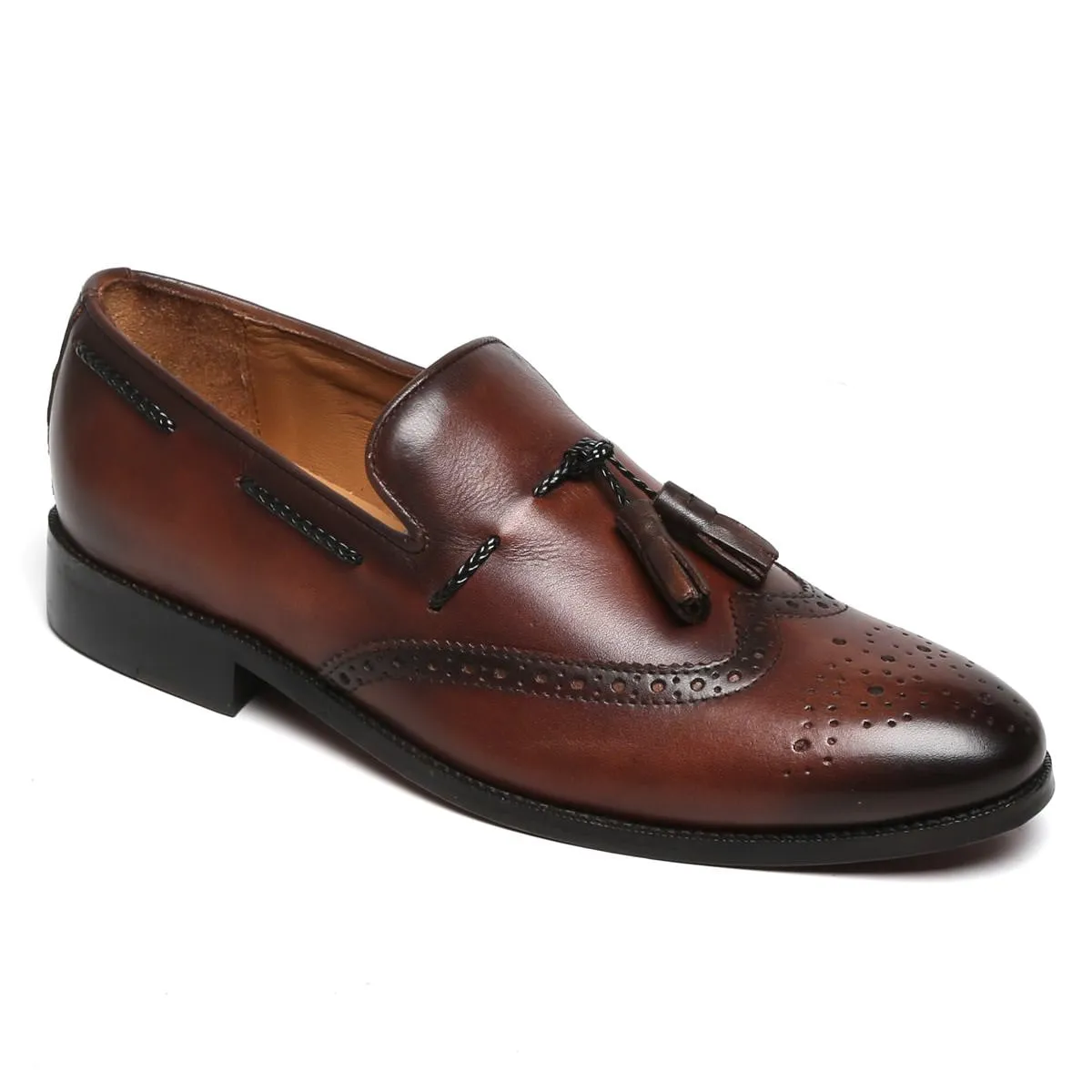 Dark Brown Side Lacing Medallion Toe Formal Tassel Slip-On Shoes By Brune & Bareskin