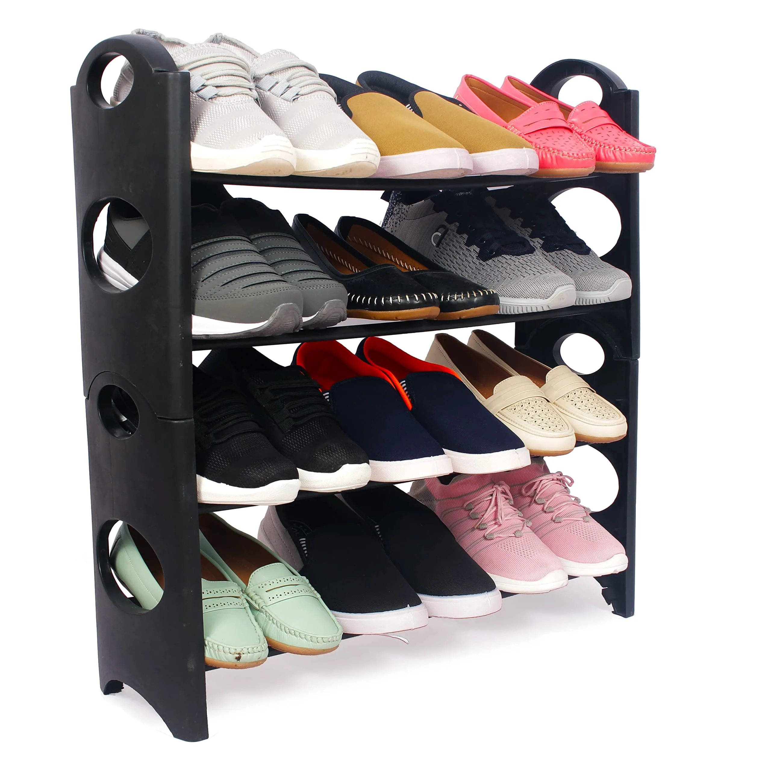 Ebee Easy to Assemble 4 Shelves, 12 Pair Metal & Plastic Shoe Rack, Black