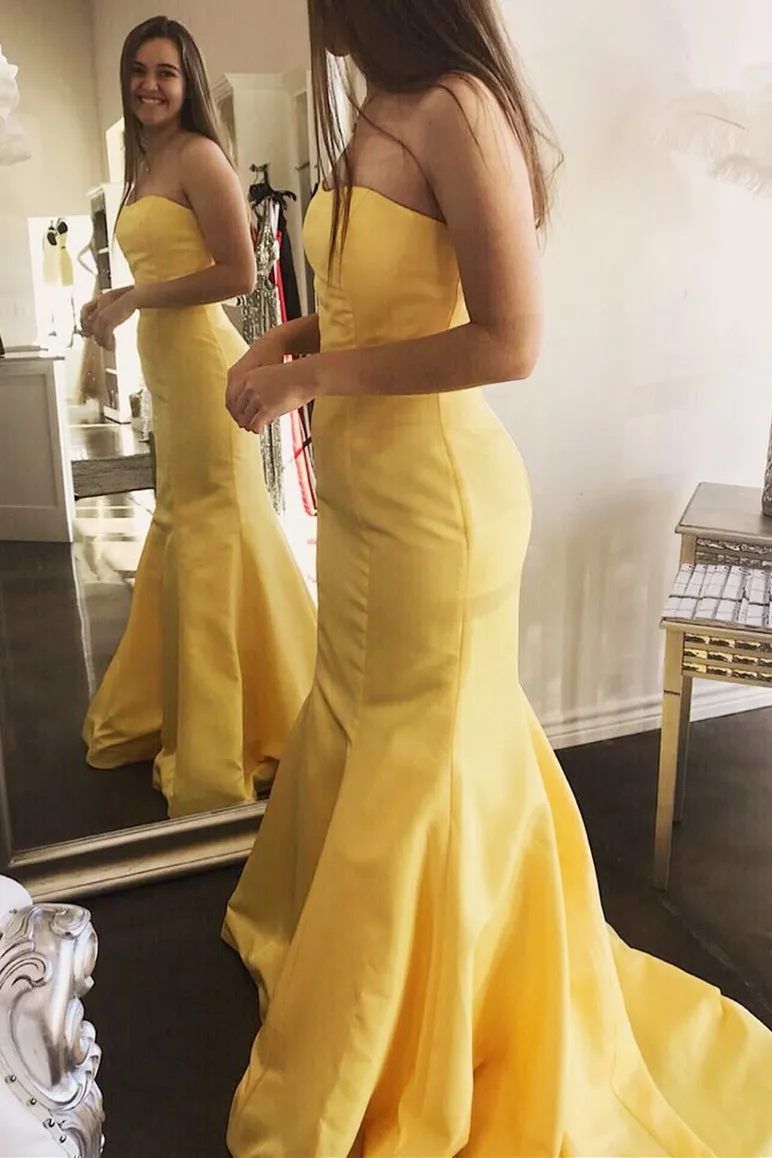 Elegant Mermaid Yellow Strapless Satin Long Prom Evening Dresses Classy