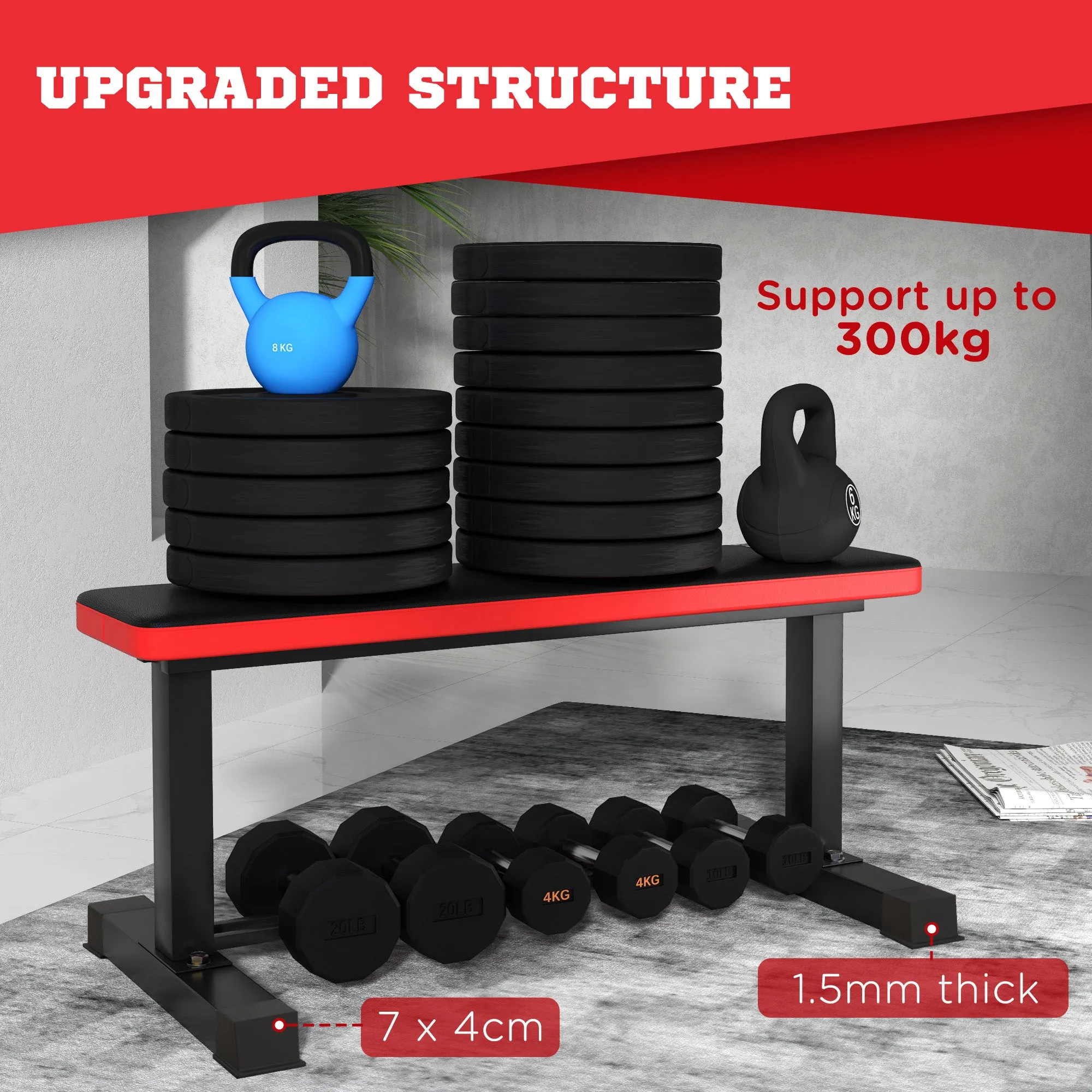 Flat Weight Bench with Dumbbell Rack, 300KG Weight Capacity