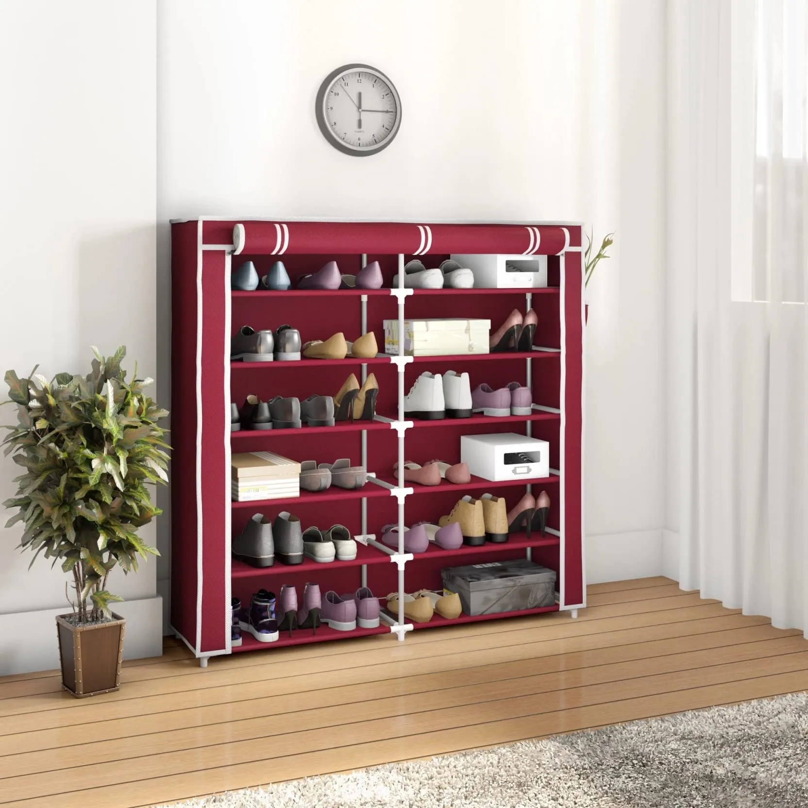 FLIPZON Multipurpose 12 Shelves Shoe Rack With Zip Door Cover & Side Pockets, Multiuse Storage Rack For Footwear, Toys, Clothes With Dustproof Cover (12 Shelves) (Maroon)