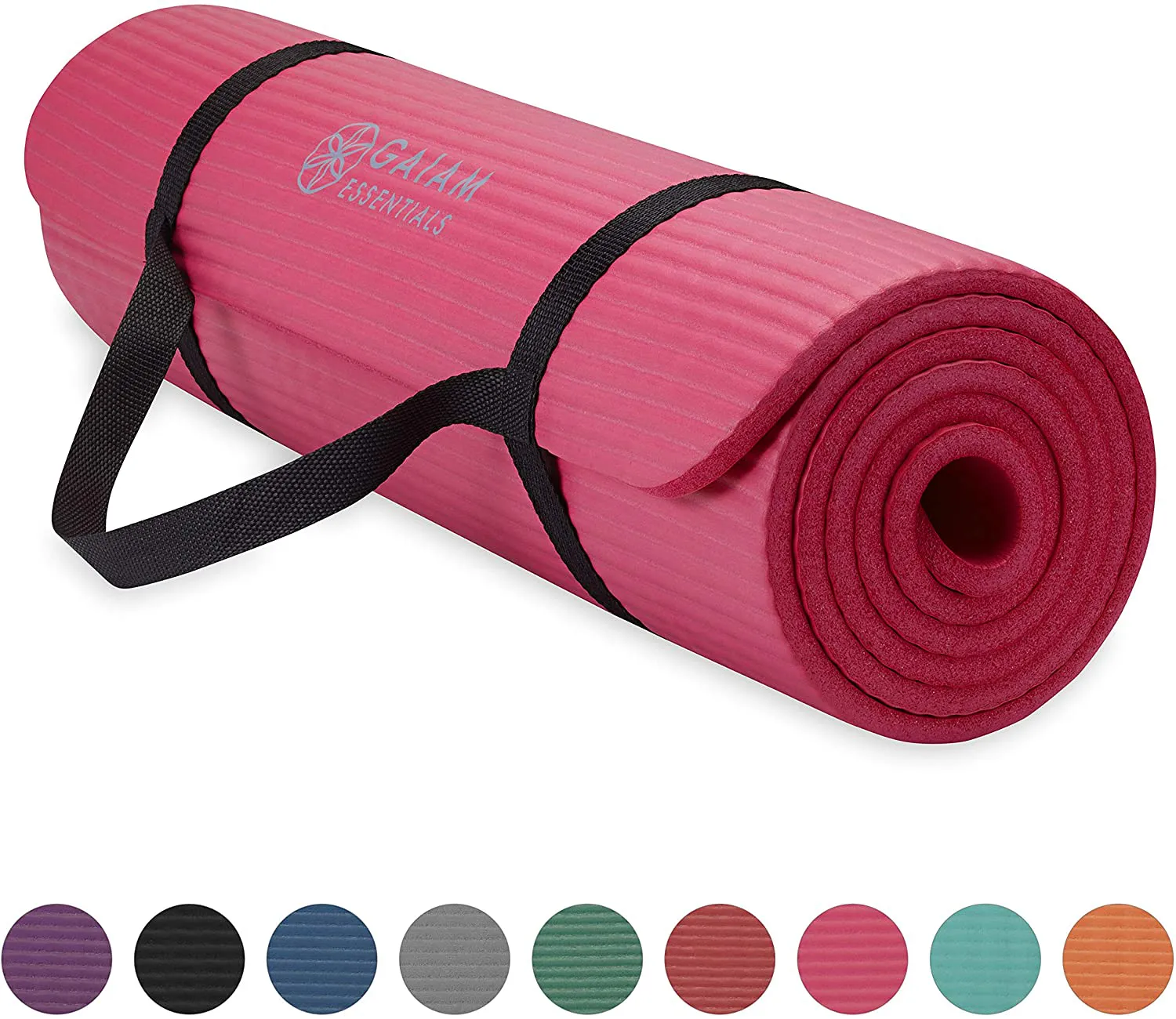 Gaiam Essentials Thick Yoga Mat Fitness & Exercise Mat with Easy-Cinch Yoga Mat Carrier Strap, 72"L x 24"W x 2/5 Inch Thick