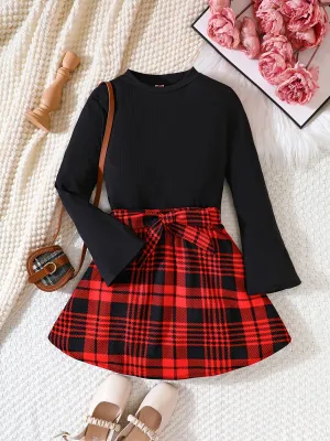 Girls 2pc Elegant Flare Long Sleeve Pullover   Plaid Skirt With Bow Belt Set Kids Clothes Spring Fall Christmas Gift Outdoor Wear