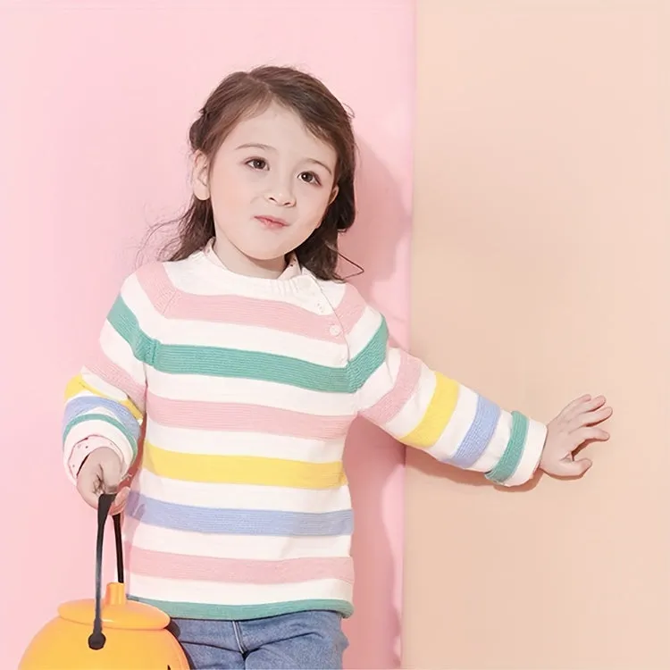 Girls' Soft & Cozy Striped Knit Sweater - 100% Pure Cotton, Breathable, Comfortable, Long Sleeve Pullover for Kids - Perfect Diary Brand, Spring/Autumn Collection, Ideal for Casual Wear, Outdoor Play, and School Days